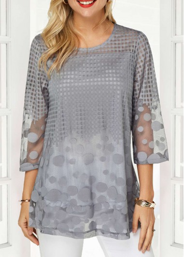 Women's 3/4 Sleeve Grey Tunic Top Faux Two Piece Three Quarter Sleeve Keyhole Back Blouse - XXL