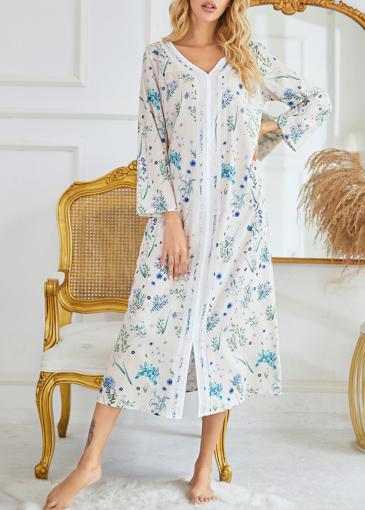 Blue Ditsy Floral Print Long Sleeve V Neck Nightdress