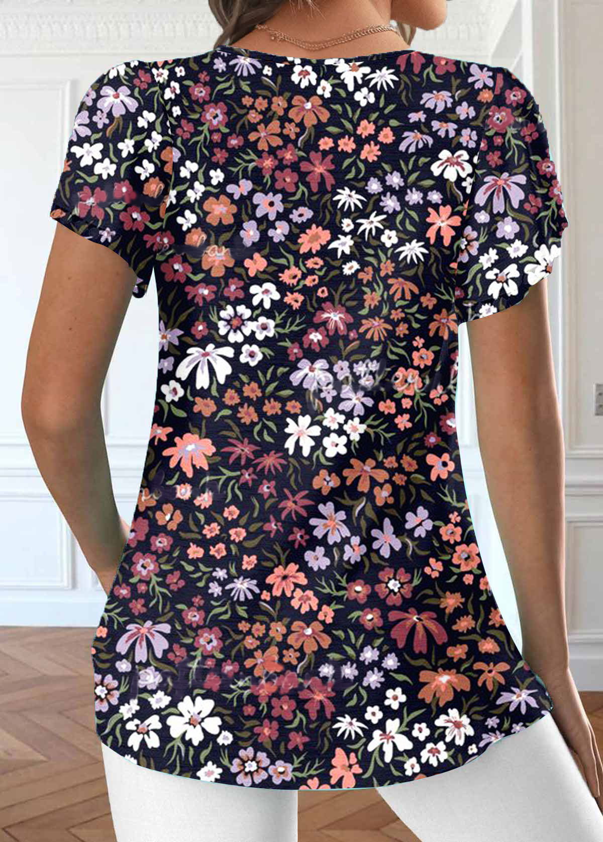 Navy Ruched Floral Print Short Sleeve T Shirt