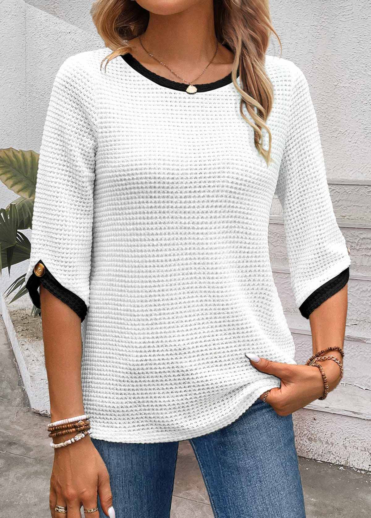 White Jacquard Half Sleeve Round Neck T Shirt