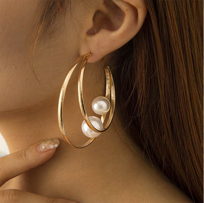 Golden Geometric Hoop Pearl Iron Earrings