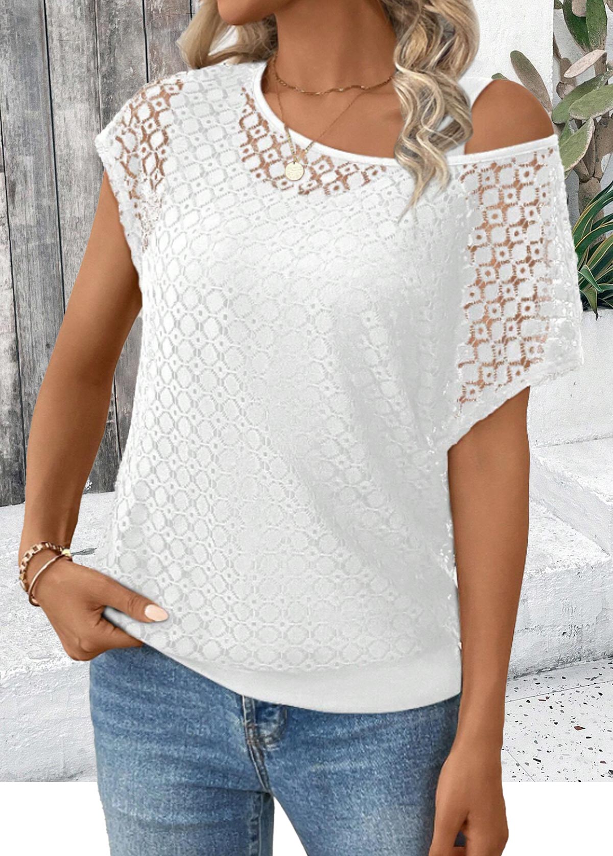 White Jacquard Short Sleeve Round Neck T Shirt USD 29.98