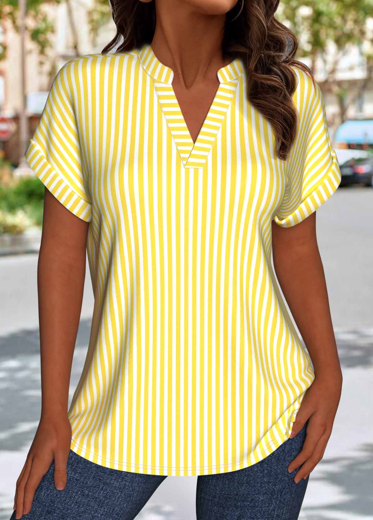 Light Yellow Striped Short Sleeve Split Neck Blouse