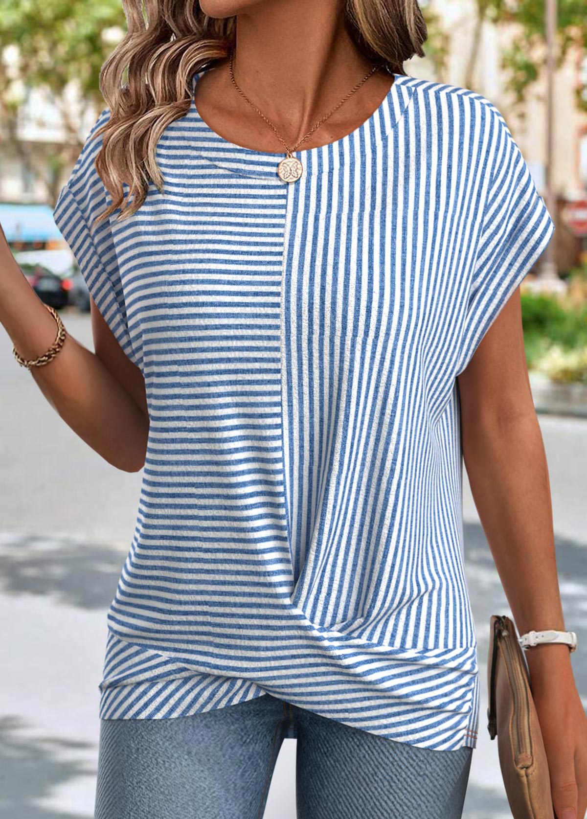 Light Blue Cross Hem Striped Short Sleeve T Shirt